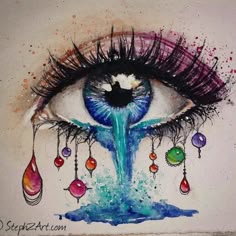 an eye with colorful drops coming out of the iris's eyes and water dripping from it
