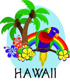 a colorful parrot sitting on top of a palm tree next to the words hawaii written below it