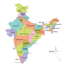 the detailed map of india with all states and major cities in bright colors on a white background