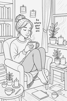 a black and white drawing of a woman sitting in a chair