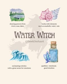 Water Witch Names, Water Witchcraft, What Is A Water Witch, Types Of Water Witches, Water Types Witchcraft, Witch Water Element, Air Witch, Water Witch Symbolism, Types Of Water Witchcraft