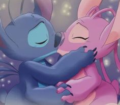 two cartoon characters hugging each other with their eyes closed