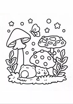 mushrooms and stars in the forest coloring pages for kids to print on paper or use as wallpaper