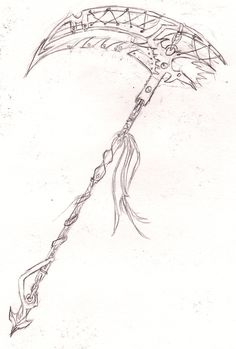 Scythe Drawing Ideas, Black And Silver Scythe Drawing, Simple Scythe Drawing, Black And White Scythe Drawing, Vintage Scythe Sketch, Sketch Of A Scythe Design, Scythe Drawing Book, Scythe Line Art, Scythe Drawing