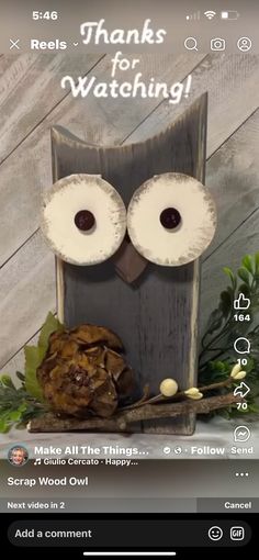 an owl made out of wood with the words thanks for watching on it's screen