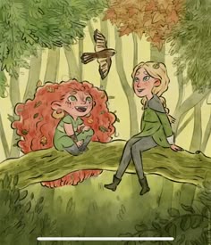 two people sitting on a tree branch in the woods with an insect flying over them