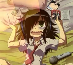 an anime character with long black hair and green eyes is holding her head in the air