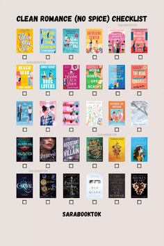 the clean romance no - spice checklist is shown in black and white, with different books on it