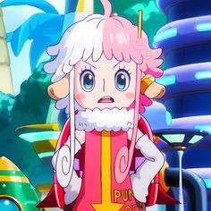 an animated character with pink hair and white beard standing in front of a futuristic city