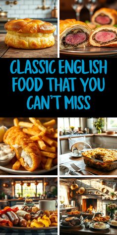 These are images showcasing classic English food recipes. You'll see photos of Yorkshire pudding, Beef Wellington, a traditional English breakfast, and other comforting dishes. These images highlight recipes that you won't want to miss. Get ready to cook!