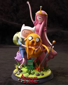 the adventure time figurine is on display in front of a dark background with an image of finn and princess peach