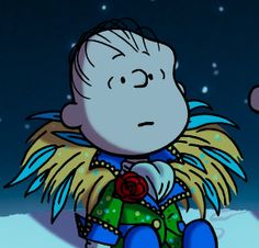 a cartoon character sitting on top of a snow covered ground