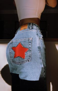 Red Star Jeans Outfit, Red Jeans With Star Pattern, Red Star Jeans, Jeans With Red Stars, Red Denim With Stars, Red Star Denim Fashion, Star Pants Diy, Star Jeans Diy, Black Jeans With Red Stars
