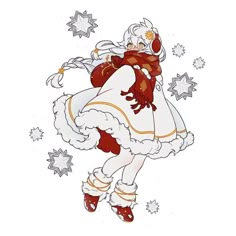 a drawing of a woman dressed in white and red with snowflakes around her