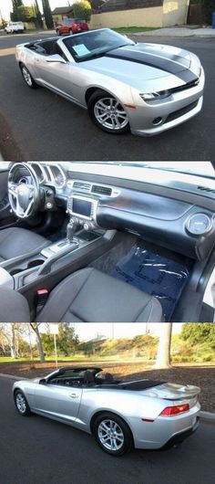 two pictures of the inside and outside of a silver sports car, one with its door open