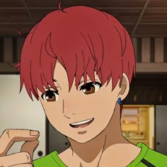 an anime character with red hair and green shirt pointing to his left side while looking at the camera