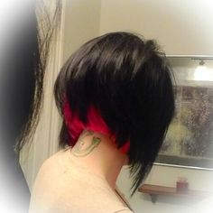 A line Stacked Bob Black and Pink #SpecialEffectsAtomicPink Bob With Pink Underneath, Pink And Black Bob, Black Bob With Pink Underneath, Short Black Hair With Purple Streaks, Dark Stacked Bob, Beauty 101, Stacked Bobs, Short Pixie Haircuts, Special Effects