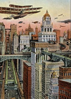 an image of a city scene with airplanes flying over the top of buildings and bridges