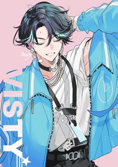 an anime character with black hair and piercings wearing a blue shirt, holding his hands behind his head