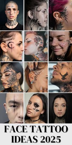the face tattoo ideas for men and women are shown in many different pictures, including one with