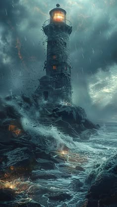 a lighthouse on top of a rocky cliff in the ocean with storm clouds above it