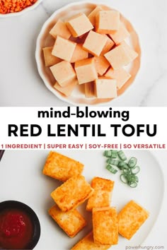 red lentil tofu on a white plate next to bowls of vegetables and dipping sauce