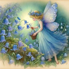 a painting of a fairy holding a basket with blue flowers in it and looking down at the ground