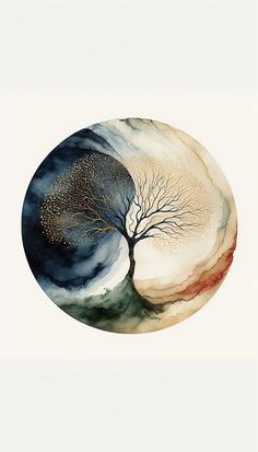 a painting of a tree in the middle of a circular area with watercolors on it