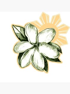 a drawing of a flower with the sun in the background