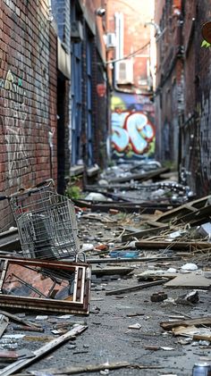 an abandoned shopping cart sitting on the ground in front of a graffiti covered alleyway