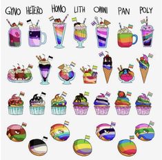 there are many different drinks and desserts on this white background, but no one is in it