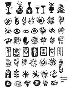 an image of various symbols and designs in black and white on a white paper background