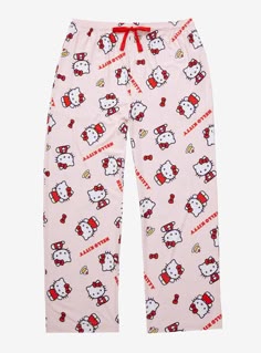 Hello Kitty is here to help you cozy up as the allover print of these comfy sleep pants! Featuring Hello Kitty alongside bows and a sweet treats  these bottoms will be the perfect fit for your next visit with your Sanrio friends. Also features a drawstring elastic waist  two side pockets  and a button fly.A BoxLunch Exclusive! 92% polyester; 8% spandex Listed in unisex sizes Wash cold with like colors; dry lowMay shrink in the wash Imported 