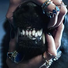 a person holding a dog's teeth with rings on it and wearing jewelry around their mouth