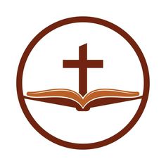 an open book with a cross in the middle and a brown circle around it on a white background