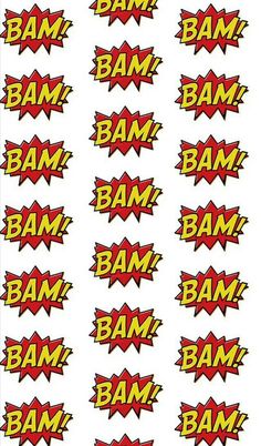 some stickers with the word bam on them in red and yellow colors,