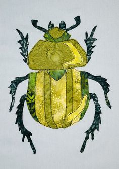 a drawing of a green and yellow beetle on a white background with black trimmings