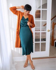 Luxury Cami Slip Dress For Spring, Spring Midi Slip Dress For Workwear, Chic Spring Camisole Slip Dress, Glamorous V-neck Slip Dress For Spring, Silk Dress And Cardigan Outfit, Silk Slip Dress For Spring Brunch, Silk Dress With Cardigan Outfit, Silk Dress Cardigan Outfit, Spring V-neck Glamorous Slip Dress