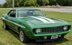 a green car parked on top of a lush green field