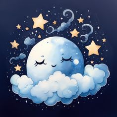 a painting of a sleeping moon with stars in the sky above it and clouds below