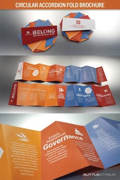 three fold brochures with different colors and designs on them, one is orange, the other is blue