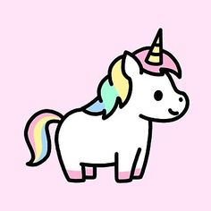 a white unicorn with a rainbow mane standing in the middle of a pink square background