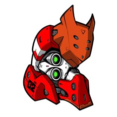 a red robot with green eyes sitting on top of it's head and wearing a helmet