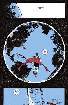 a comic page with superman flying over the earth