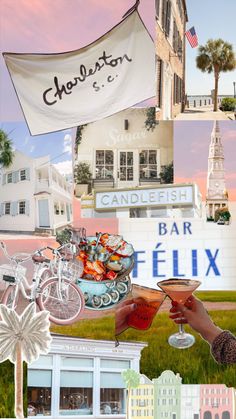 a collage of photos with buildings and people holding wine glasses in front of them