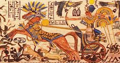 an egyptian painting with horses and people on it