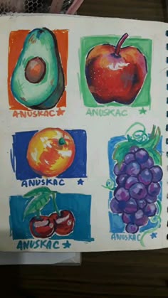 an artist's drawing of fruits and vegetables on a piece of paper with colored pencils