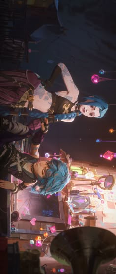 two women standing on top of a table in front of a mirror with confetti falling from it