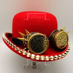 Red Brimmed Costume Hat For Festival, Halloween Punk Style Hat With Short Brim, Punk Style Short Brim Hats For Halloween, Punk Style Brimmed Top Hat For Parties, Red Brimmed Festival Costume Hat, Punk Style Short Brim Halloween Hat, Steampunk Adjustable Top Hat With Flat Brim, Steampunk Bowler Hat, Punk Style Brimmed Festival Costume Hat