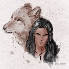 a drawing of a woman and a wolf
